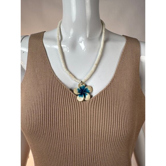 Vintage Shell & Bead Necklace With Hand-Painted Blue Floral Pendant - Picture 10 of 16